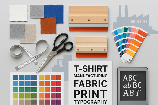 Flat lay of T-shirt manufacturing tools, fabric swatches, color palettes, typography sheets, and factory silhouette on a clean, modern background.