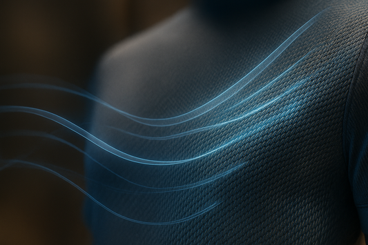 Close-up of metallic-silver, soft-blue technical fabric with woven texture and bio-luminescent fibers, showing translucent airflow lines to illustrate breathability and luxury design