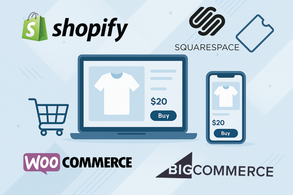 E-commerce platform logos with T-shirt mockups on laptop and mobile screens in a clean, modern layout.