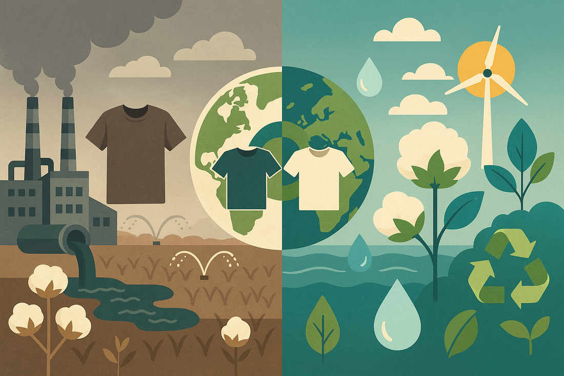 Split-screen illustration showing environmental impact of T-shirt production: polluted factory on the left vs. eco-friendly farming and clean energy on the right
