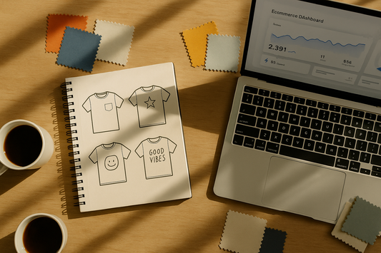 Flat lay of a workspace with a sketchbook of T-shirt designs, fabric swatches, a laptop showing an e-commerce dashboard, and coffee mugs in sunlight.