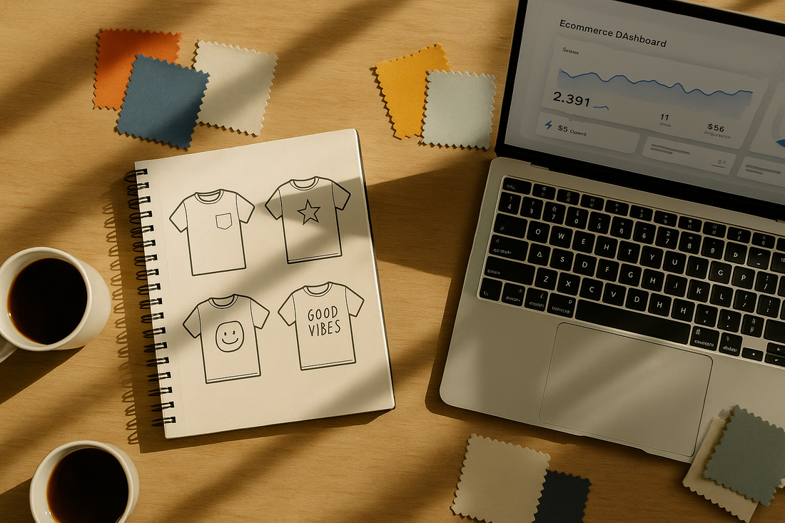 Flat lay of a workspace with a sketchbook of T-shirt designs, fabric swatches, a laptop showing an e-commerce dashboard, and coffee mugs in sunlight.