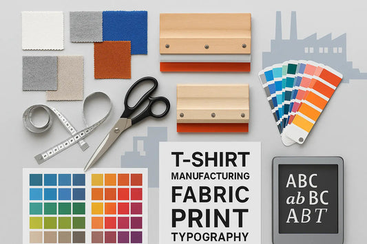 Flat lay of T-shirt manufacturing tools, fabric swatches, color palettes, typography sheets, and factory silhouette on a clean, modern background.