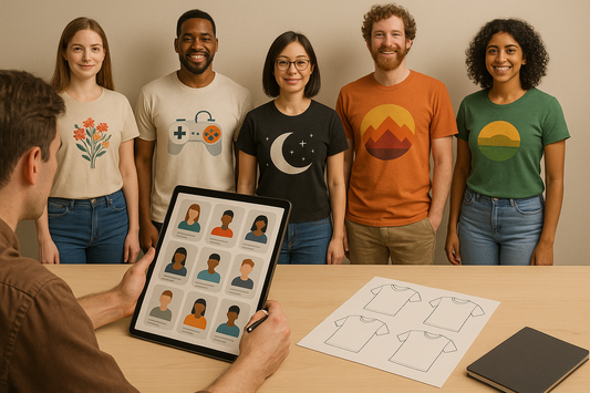 A diverse group of people wearing unique t-shirts reflecting their personal styles, with a designer in the foreground analyzing customer data on a tablet, surrounded by t-shirt design sketches, illustrating audience targeting in the t-shirt market.