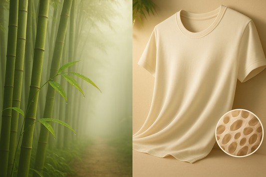 Split image showing bamboo forest on left and soft bamboo fabric T-shirt with fiber texture close-up on right