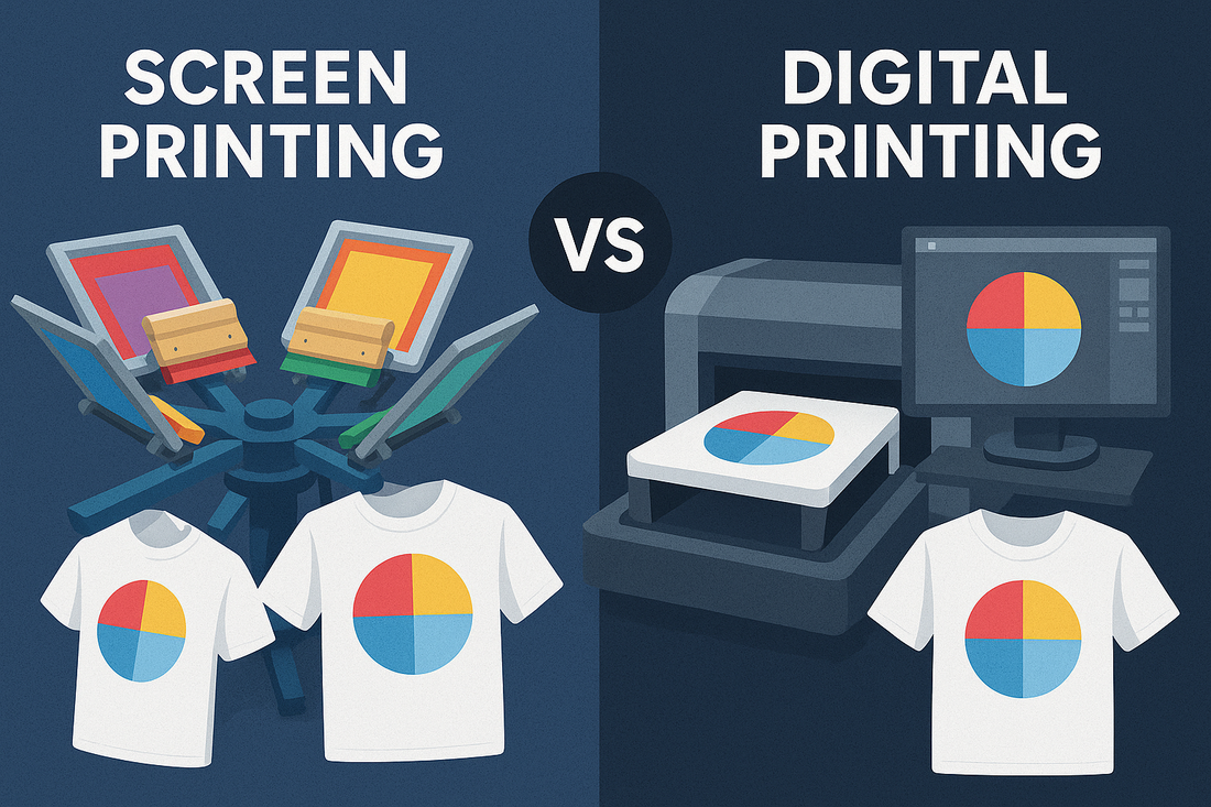 Comparison of screen printing and digital printing with equipment, T-shirts, and a VS icon in the center.