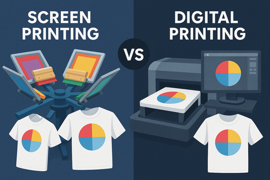 Comparison of screen printing and digital printing with equipment, T-shirts, and a VS icon in the center.