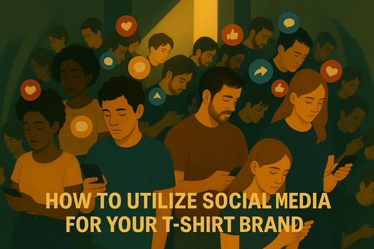 People using smartphones with social media icons above them and the text “How to Utilize Social Media for Your T-Shirt Brand” at the bottom.